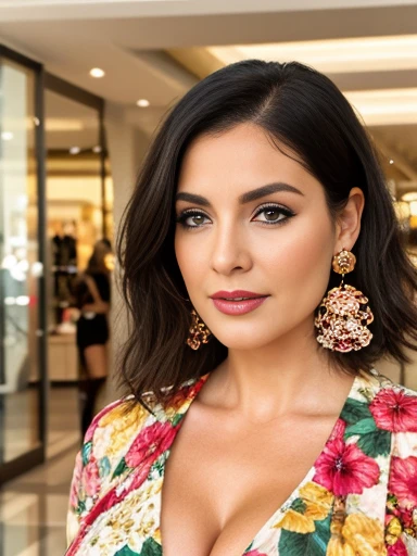 Image in 8k or higher of a woman,  Spanish  woman, 40 years old, bob hair, floral dress, mall interior background, earrings, full bust, purse