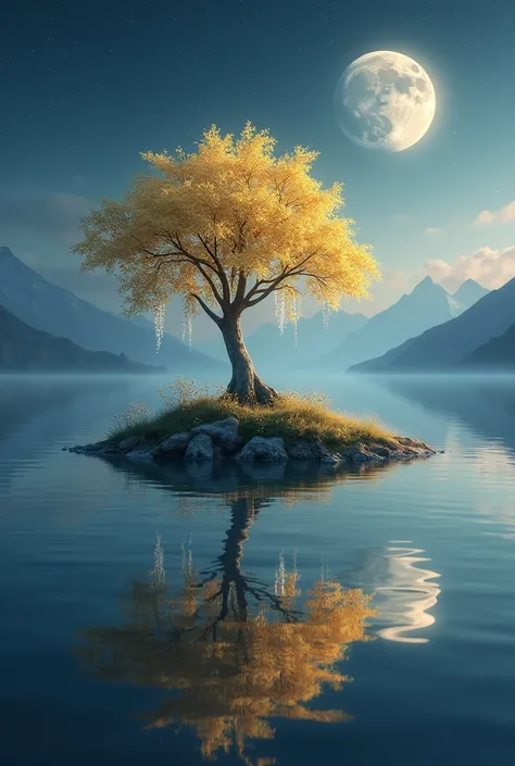 A lake mirroring the stars ,  with an island-shaped hill in the middle with a golden tree and silver leaves and flowers on the branches fallen like grape shards and in the background a mountain range where I can see the waxing Moon 