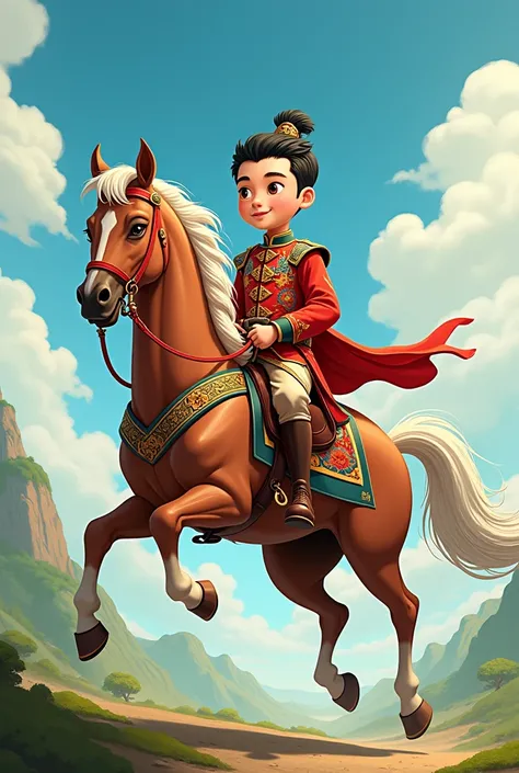 cartoon image of young general in chinese war suit riding a horse looking ahead of the era of the three dynasties empire