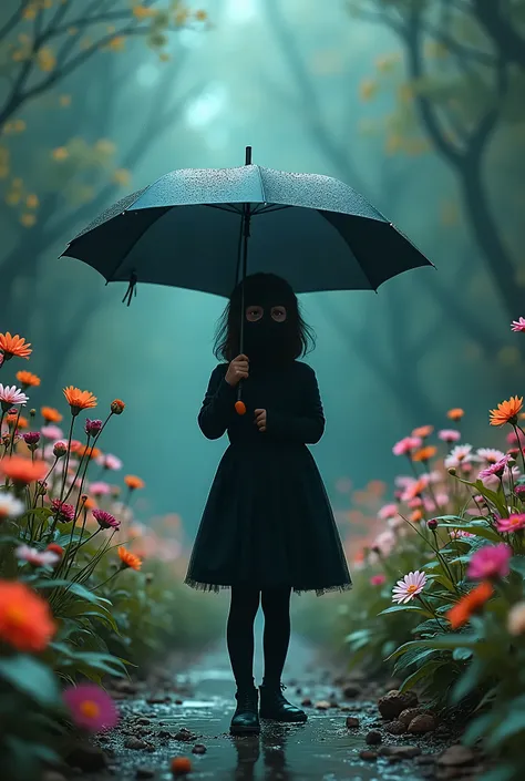 Chaos, Undoing, karo, beautiful world , (one girl with black mask and holding a umbrella, 
Photographed from back), flowers at the background 

