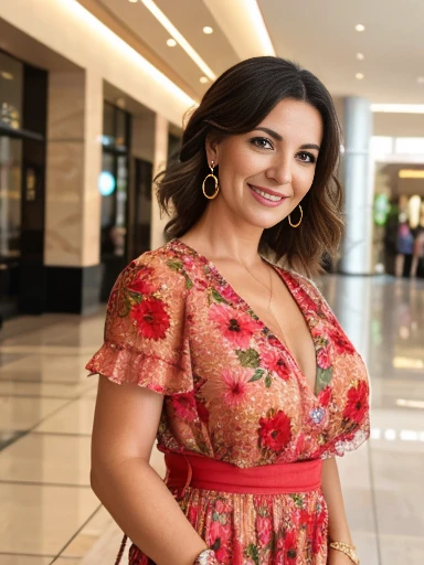 Image in 8k or higher of a woman,  Spanish  woman, 40 years old, bob hair, floral dress, mall interior background, earrings, full bust, purse, smiling 