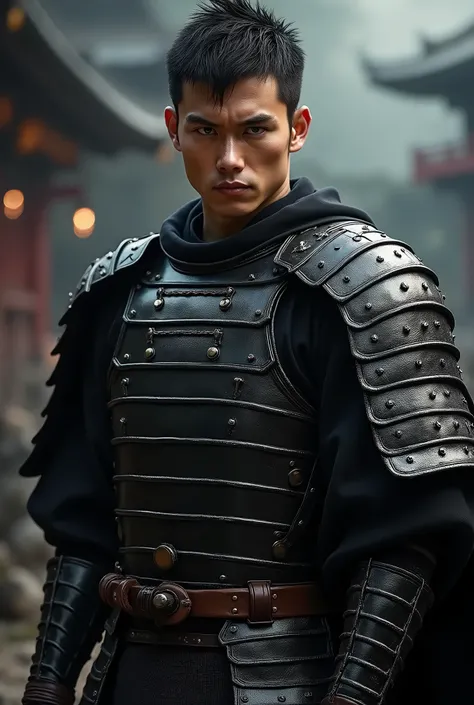 A highly detailed portrait of a Japanese samurai warrior with short black hair, wearing black armor, in the style of Dungeons and Dragons 5th edition fantasy art, photorealistic, extremely detailed, digital art, cinematic lighting, dramatic colors, masterp...