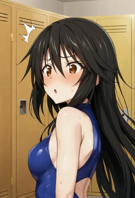 NSFW,masterpiece,Best Quality,High resolution,Very detailed,Chifuyu Orimaru(Infinite Stratos),Long Hair、bangs、Black Hair、Hair between the eyes、 Brown Eyes ,leotard,locker room,sweat,Surprised face,blush