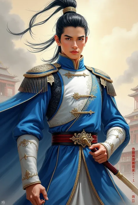 Two-dimensional painting of a mighty gallant young general in a blue white war suit like zhao yun china standing tall looking ahead of the era of the Three Dynasties empire