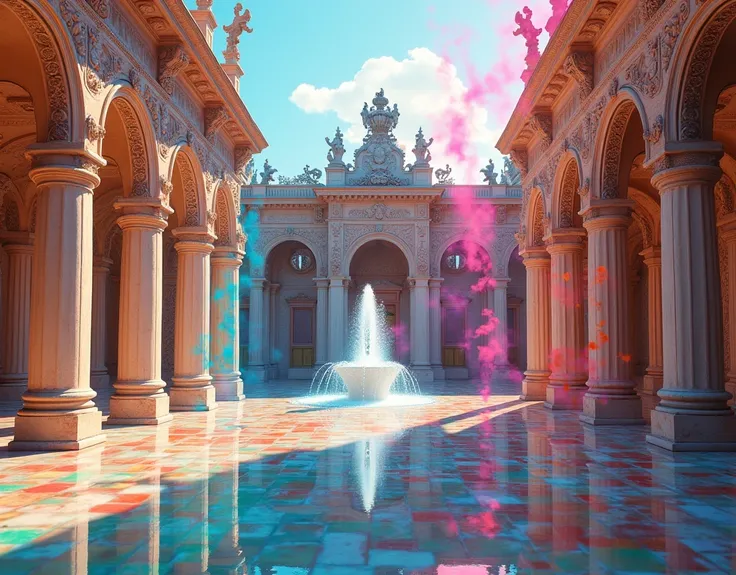 conceptual installation art with bright and colorful random colors, it was a clear, sunny day, with an iridescent-plated old palace decorated with intricate carvings from the Middle Ages and the Northern Renaissance, a gorgeous fountain, and tiny jewel dus...