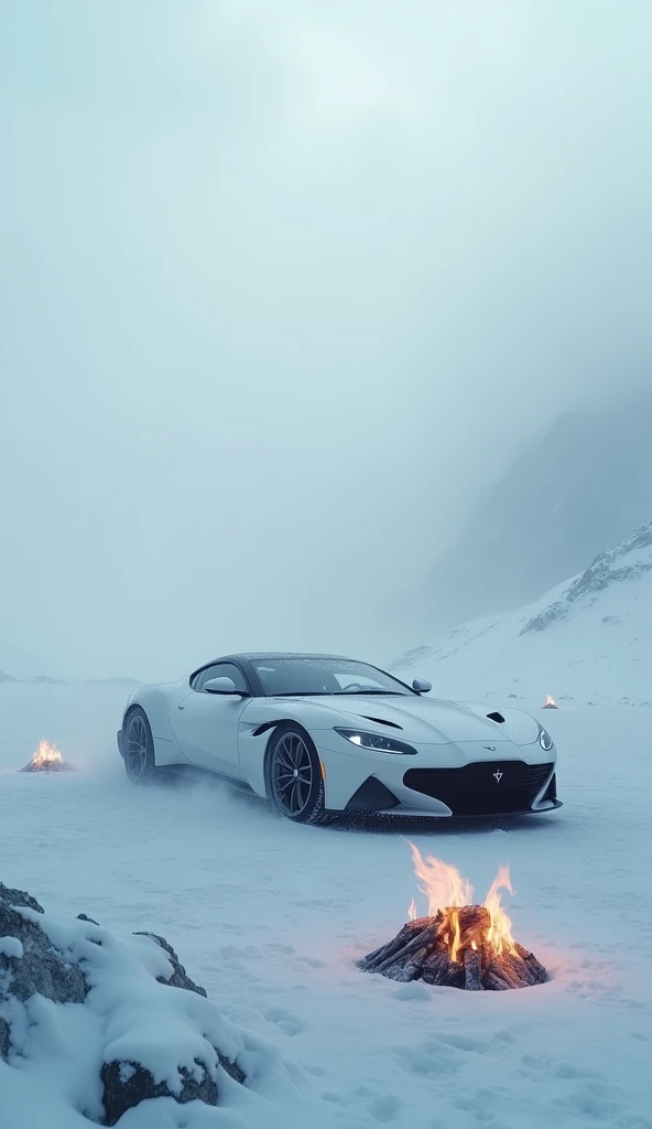 a beautiful white sports car in an arctic snowy landscape, surrounded by a thick fog, with a small fire in the foreground, minimal background, unique digital art, wallpaper quality