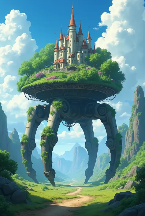 Surrealist ultra HD anime wallpaper ，Made by Studio Ghibli， A huge platform with six cyberpunk-style mechanical bird claws carries a huge gorgeous open-air garden castle that quickly moves forward in the wilderness，Fantastic composition， intricate details ...