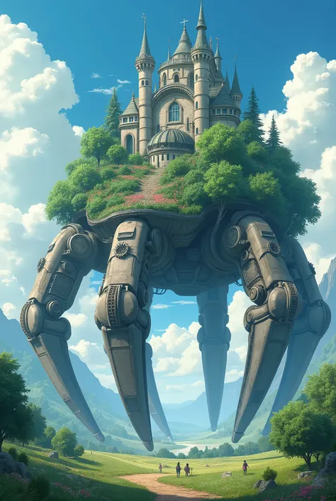 Surrealist ultra HD anime wallpaper ，Made by Studio Ghibli， A huge platform with six cyberpunk-style mechanical bird claws carries a huge gorgeous open-air garden castle that quickly moves forward in the wilderness，Fantastic composition， intricate details ...