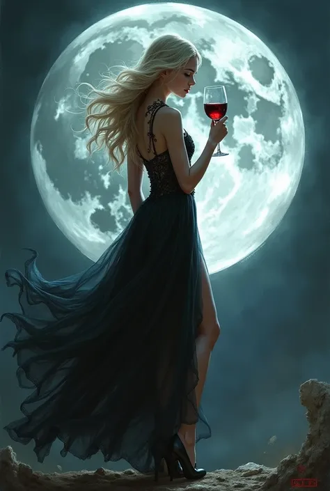  background is a big full moon、Gothic Dress、Blonde、Vampire、wine in hand 、Young woman、Beautiful feet