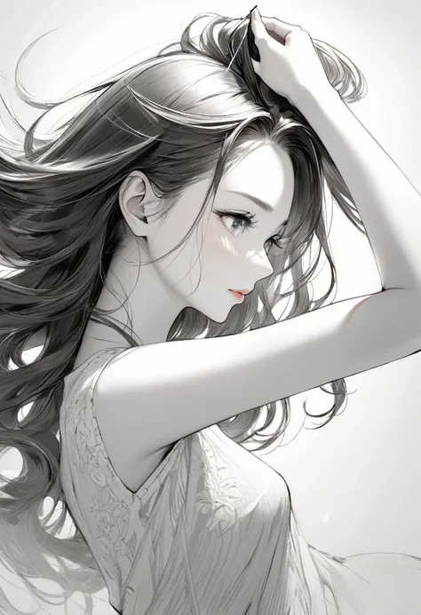 monochrome pencil Rough sketch, beautiful woman brushing her hair back, delicate and dynamic textures, contrasts of light and shadow, BREAK ultra detailed, absolutely resolution, best quality