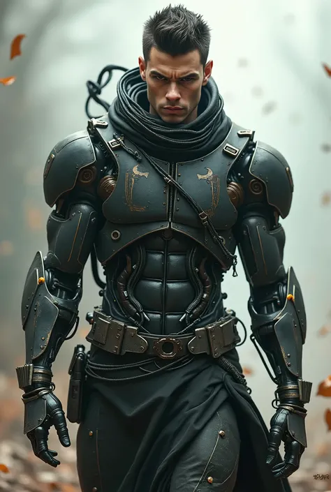 Full plan from head to toe, plano general:1.4, ( handsome cyborg young man ) bold, Menacing gaze.  he is half in profile the image is seen from head to toe, there is wind,  leaves fly and some dust , He wears gothic clothing ,  with mechanical body parts ,...