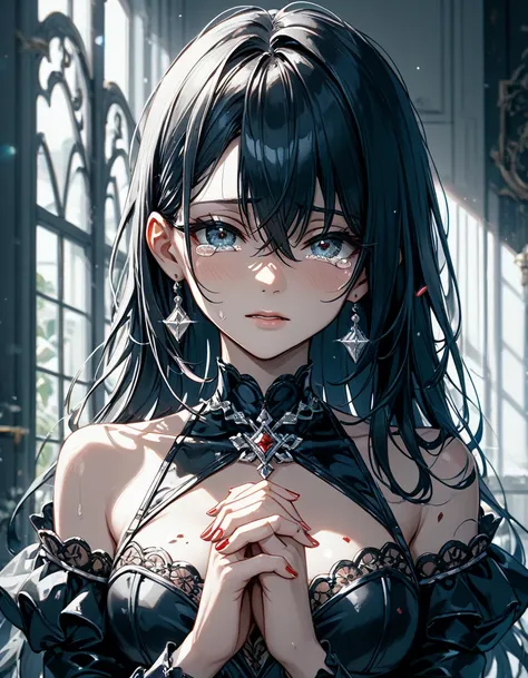 (masterpiece, best quality:1.2, perfect anatomy), front angle;1.4, alone:1.3, 1girl:long black hair\ simple black dress\knife\ h...