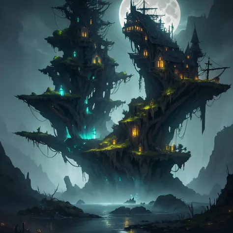 ship, high-fantasy, magical effects, hyper realistic, hyper detailed, mysterious air, ancient and abandoned, grown-over, luminescent moss, dark atmosphere, glowing lights spread evenly, very aesthetic, beautiful underwater scenery in the background,full mo...