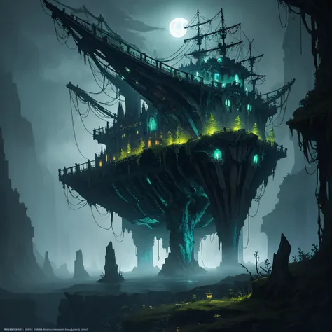 ship, high-fantasy, magical effects, hyper realistic, hyper detailed, mysterious air, ancient and abandoned, grown-over, luminescent moss, dark atmosphere, glowing lights spread evenly, very aesthetic, beautiful underwater scenery in the background,full mo...