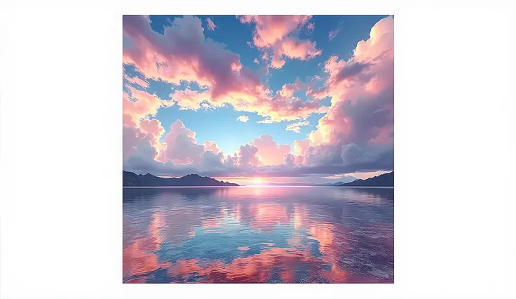 Lake and Sky 、Three-dimensional clouds all over the sky 、pink、blue、purple、orange、 three-dimensional clouds with complex colors、Too many clouds、 Blue and Pink Fantastic Sky、beautifully、panorama、grow、 Vivid 、High image quality、Real、Realistic reflections、