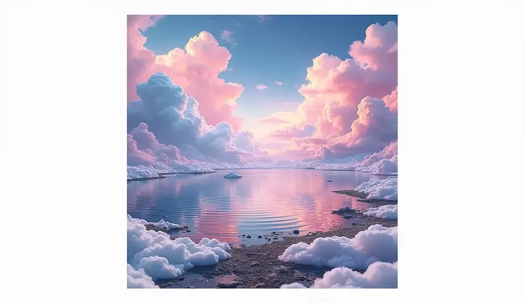 Lake and Sky 、Three-dimensional clouds all over the sky 、pink、blue、purple、orange、 three-dimensional clouds with complex colors、Too many clouds、 Blue and Pink Fantastic Sky、beautifully、panorama、grow、 Vivid 、High image quality、Real、Realistic reflections、