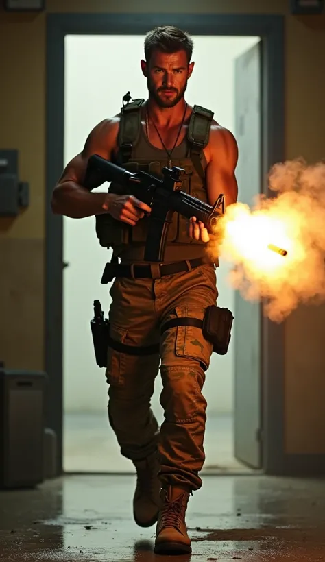  A muscular soldier who looks like Chris Hemsworth in the movie Extraction enters a room and fires at enemies in the room with his M60 rifle,  Fire comes out of the rifle barrel , Army Tank Top,  combat pants in digital camouflage , Desert combat boots , a...