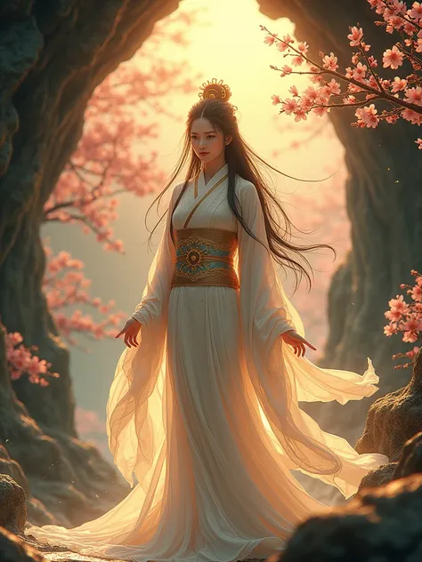 amaterasu, japanese goddess of the sun, emerging from dark cave, golden sun rays, mystical landscape, cherry blossoms, warm and serene presence, white and golden outfit, delicate oriental patterns, elegant minimalism, soft brushstrokes, warm hues of gold i...