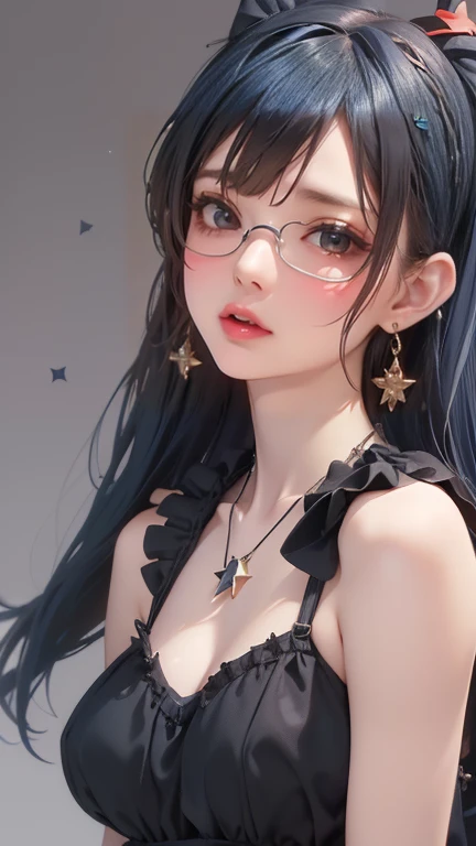 ((masterpiece,  Best Quality , to create a dark blue hair and star hair bundle girls in full style,  Red tired eyes and a smile ,  She wears a short top with a black ribbon , Her skin tone is white , She wears round black glasses , with a thorn necklace ar...