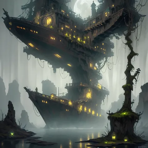 ship, high-fantasy, magical effects, hyper realistic, hyper detailed, mysterious air, ancient and abandoned, grown-over, luminescent moss, dark atmosphere, glowing lights spread evenly, very aesthetic, beautiful underwater scenery in the background,full mo...