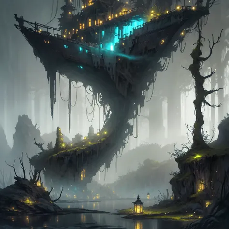 ship, high-fantasy, magical effects, hyper realistic, hyper detailed, mysterious air, ancient and abandoned, grown-over, luminescent moss, dark atmosphere, glowing lights spread evenly, very aesthetic, beautiful underwater scenery in the background,full mo...