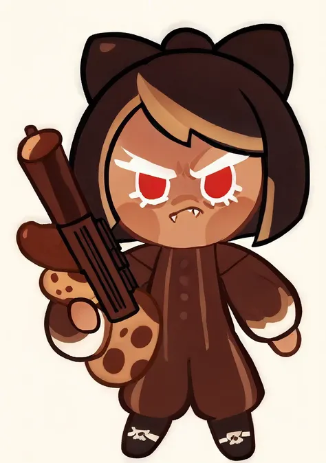 Chocolate Cobbler Cookie, black Hair, Medium Hair, hime cut hair swept bangs, Brown Hair Bows, red eyes, no nose, angry, fangs, brown Tracksuit, holding uzi gun, Cookie Run Style