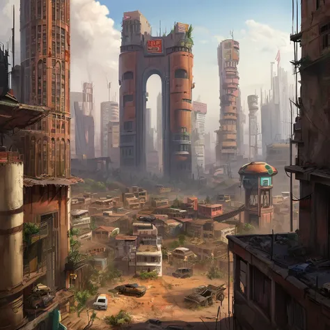 image of the view from inside the balcony of a tall circular tower in the center of a post-apocalyptic North American megalopolis, Vision of the whole city, a cidade tem tons de cinza, has smoky structures, carros abandonados nas ruas, apocalipse, vegetati...