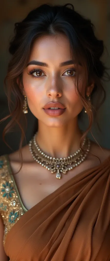 Emeraude Toubia actress, goddess of beauty, apsara, swarg, kamini, rumbha, rupsundari, menka, bridal hair, brown dimond necklace, dimond stone,(RAW photo), (realism: 1.8), big and thick lips , lips details, glories meckup, glories perpos, brown glossary li...