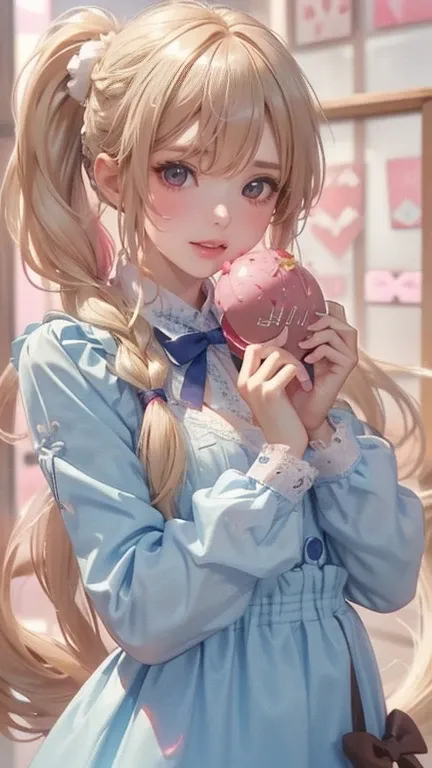 masterpiece,  Best Quality , ((Best Quality)), (([girl、light blonde hair、( Side Ponytail Tied on Tail )、(( Ponytail Braid End Fluffy ))、(([break))、blue eyes、beautiful eyes、 Big Bow on Head 、( Loose Lace Long Sleeve Dress )、(Embarrassed expression)、(([break...