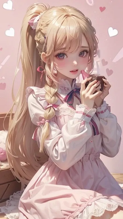 masterpiece,  Best Quality , ((Best Quality)), (([girl、light blonde hair、( Side Ponytail Tied on Tail )、(( Ponytail Braid End Fluffy ))、(([break))、blue eyes、beautiful eyes、 Big Bow on Head 、( Loose Lace Long Sleeve Dress )、(Embarrassed expression)、(([break...