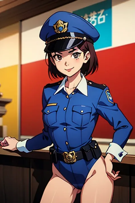 Mikoto Urabe ,BCop, belt, policewoman, leotard, police hat, peaked cap, calm smile, top front view