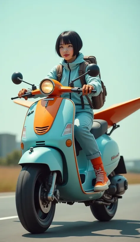 live-action、Real、A modified Vespa、The tires have been changed to larger, wider ones.、Rocket engines on both sides、Enlarge the light、It has fighter jet wings、Beautiful Japanese female pilot、Light blue and orange pilot suit、High-top tech sneakers、Black Hair、...