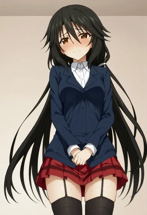 NSFW,masterpiece,Best Quality,High resolution,Very detailed,Chifuyu Orimaru(Infinite Stratos),Long Hair、bangs、Black Hair、Hair between the eyes、 Brown Eyes ,Body stockings,sweat,Embarrassed,blush