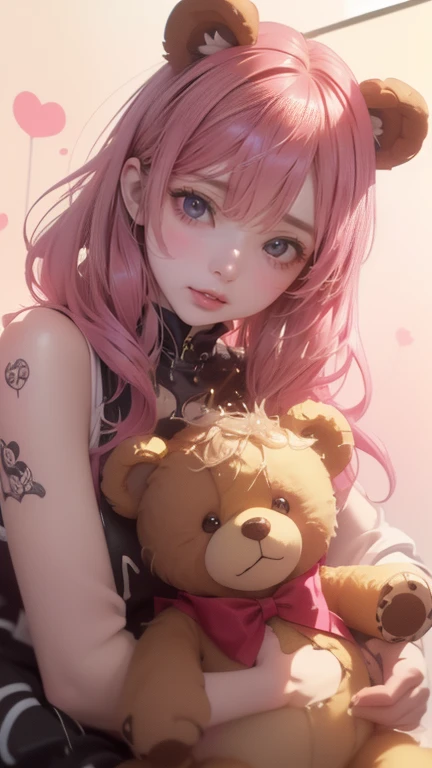 (8K, Top quality, ((Best Quality), (（Enlightenment：1.3） Teddy Bear and girl smiling with her mouth open, Draw with colorful ink ,punk style,Real Teddy Bear ,radiant,Beautiful,High-definition images, Honey is dripping 
