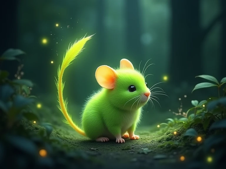 GÉNÉRER UN AMI IMAGINAIRE:  petite souris verte avec le bout de la queue en plumeau, lueur féérique , pelage fluorescent, dans une foret sombre