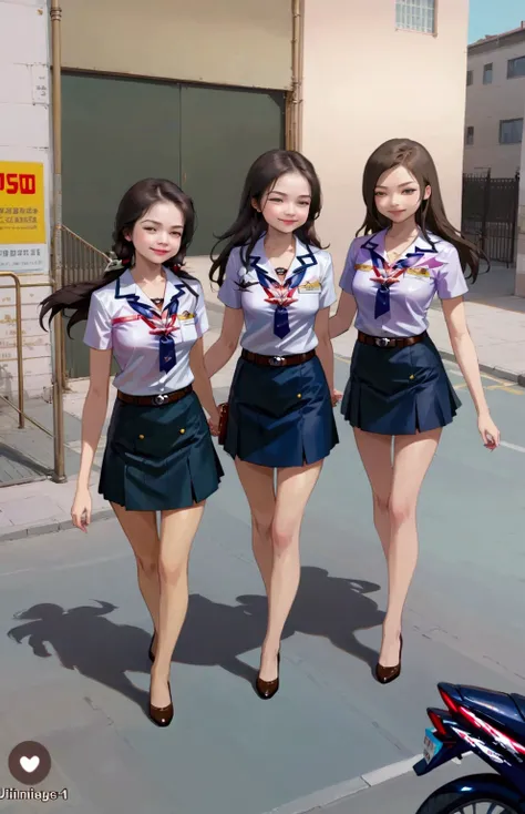 2 pretty stewardess, walking at street, black long hairs (+foreheads), BREAK, ((masterpiece:1.2), (best quality:1.2), (very aesthetic:1.2), (absurdres:1.2), (detailed background),intricate details, newest, sfw, (full body, front view, looking at viewer), (...