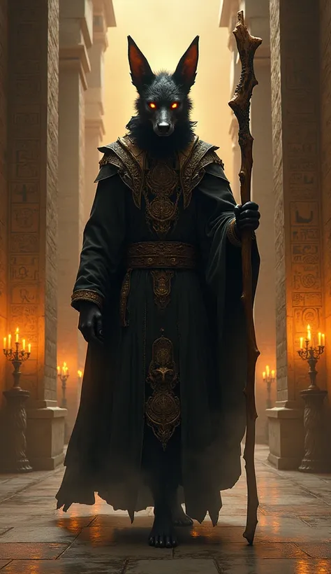 Imagine a giant humanoid black jackal with fiery eyes ,  wearing the robes of ancient priests and holding a staff carved from bones.  The jackal is standing and walking in a dark tomb illuminated by torches ,  where hieroglyphics shine on the walls and sha...