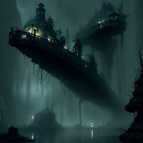 a massive ancient abandoned magical ship, hyper realistic and highly detailed, overgrown with luminescent moss, mysterious atmosphere, dark underwater scenery with a full moon, glowing lights spread evenly, (best quality,4k,8k,highres,masterpiece:1.2),ultr...