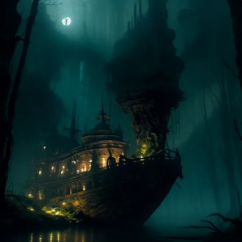 a massive ancient abandoned magical ship, hyper realistic and highly detailed, overgrown with luminescent moss, mysterious atmosphere, dark underwater scenery with a full moon, glowing lights spread evenly, (best quality,4k,8k,highres,masterpiece:1.2),ultr...