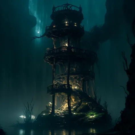 a massive ancient abandoned magical ship, hyper realistic and highly detailed, overgrown with luminescent moss, mysterious atmosphere, dark underwater scenery with a full moon, glowing lights spread evenly, (best quality,4k,8k,highres,masterpiece:1.2),ultr...