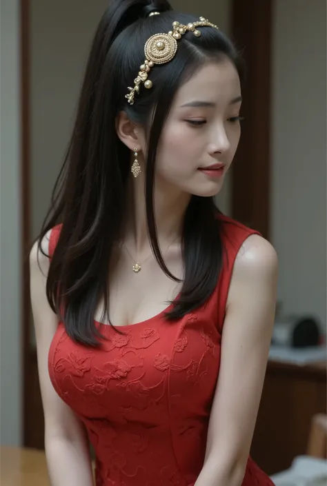 big breasts，a scene from the tv series "the legend of the condor heroes", with a woman wearing a red cheongsam and earrings, cry...