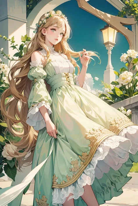  high resolution , masterpiece, Very detailed,  Ultra high definition , best quality, 1 girl, solo, long hair,  gooseberry-colored hair , gooseberry-colored eyes , pale skin,  gooseberry dress , pastel colors,  holding gooseberries,plump lips