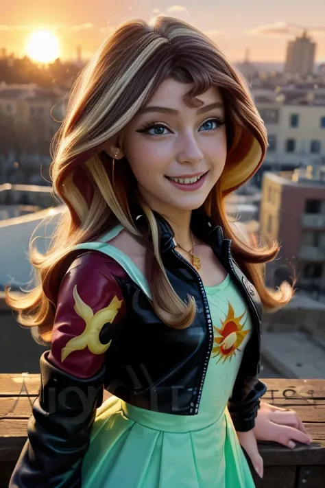 (Masterpiece, The best quality:1.2), only, 1girl , beautiful teenage girl europea , Caucasian , mlpshimmer, Nice smile , make-up  , looking at the viewer, small black jacket , sunset shimmer , mlp , 18 years , beautiful teenage girl , teen model , turquois...