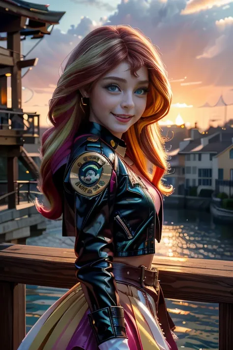 (Masterpiece, The best quality:1.2), only, 1girl , beautiful teenage girl europea , Caucasian , mlpshimmer, Nice smile , make-up  , looking at the viewer, small black jacket , sunset shimmer , mlp , 18 years , beautiful teenage girl , teen model , turquois...