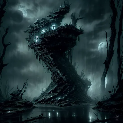 a massive ancient abandoned magical ship, hyper realistic and highly detailed, overgrown with luminescent moss, mysterious atmosphere, dark underwater scenery with a full moon, glowing lights spread evenly, (best quality,4k,8k,highres,masterpiece:1.2),ultr...