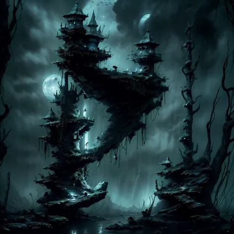 a massive ancient abandoned magical ship, hyper realistic and highly detailed, overgrown with luminescent moss, mysterious atmosphere, dark underwater scenery with a full moon, glowing lights spread evenly, (best quality,4k,8k,highres,masterpiece:1.2),ultr...