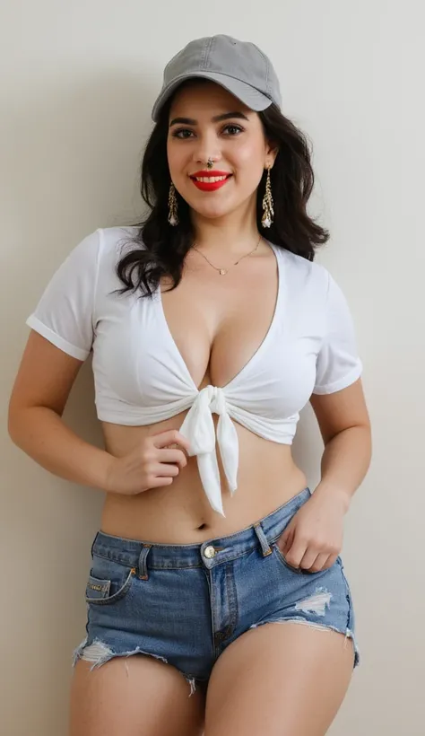 a photo of a sexy american girl, accessories, sexy curvy model body, confident smirk, wearing a white tie front crop top, short sleeve crop top, silky long hairstyle, short sleeve crop top, jeans shorts, micro torn shorts, thick thighs, cap, cinematic ligh...