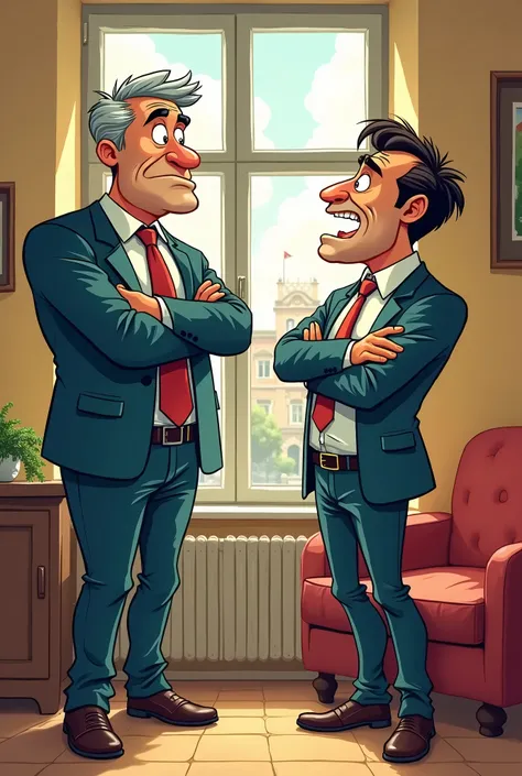 

generate two European men. The tenant threatens to move out before the contract expires. 

style , cartoon. 