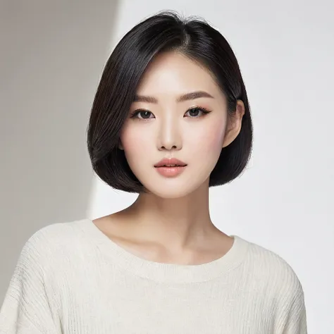 "Design the face of a Korean girl with a sleek, modern appearance. She has deep black eyes that reflect intelligence and calm confidence. Her sharp, well-defined nose enhances her sophisticated profile. Her lips are small and delicately shaped, contributin...