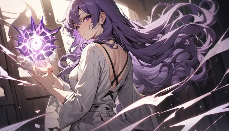 best quality, high definition, masterpiece, touhou, upright, A girl, Solitary, Purple hair, Very long hair, Wavy hair, Side bangs, Broken hair, purple, aesthetic, magic casting, focussed face, fighting stance, standing, Slightly tilt your head, back turned...